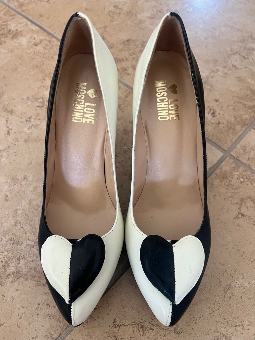 Love Moschino Black and Cream Heart-Accent Pointed Toe Pumps